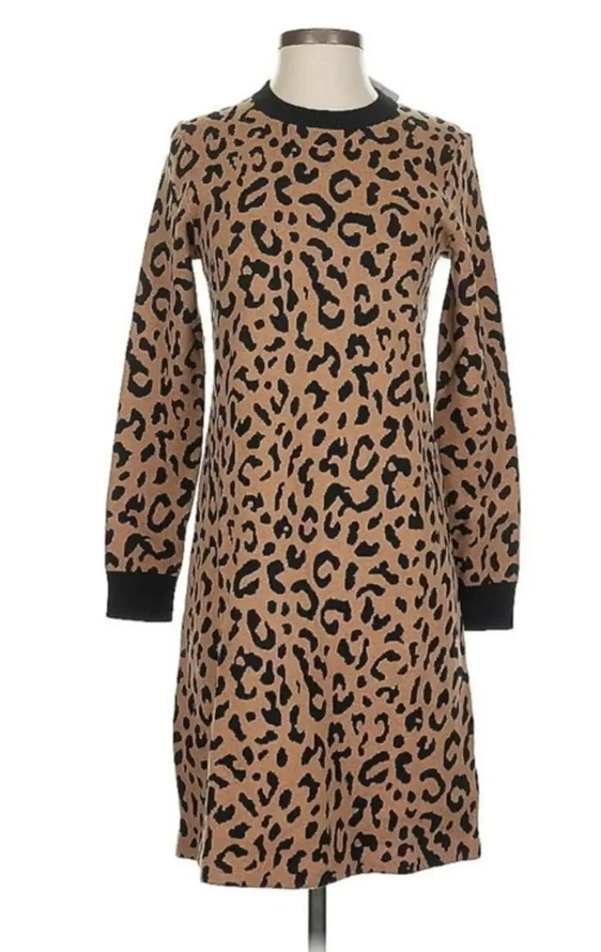 J. Crew Long Sleeve Mini Sweater Dress in Leopard - XS